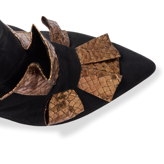 Perfect Abigail Bow Bootie 90 in Black Suede and Gold Embossed Leather