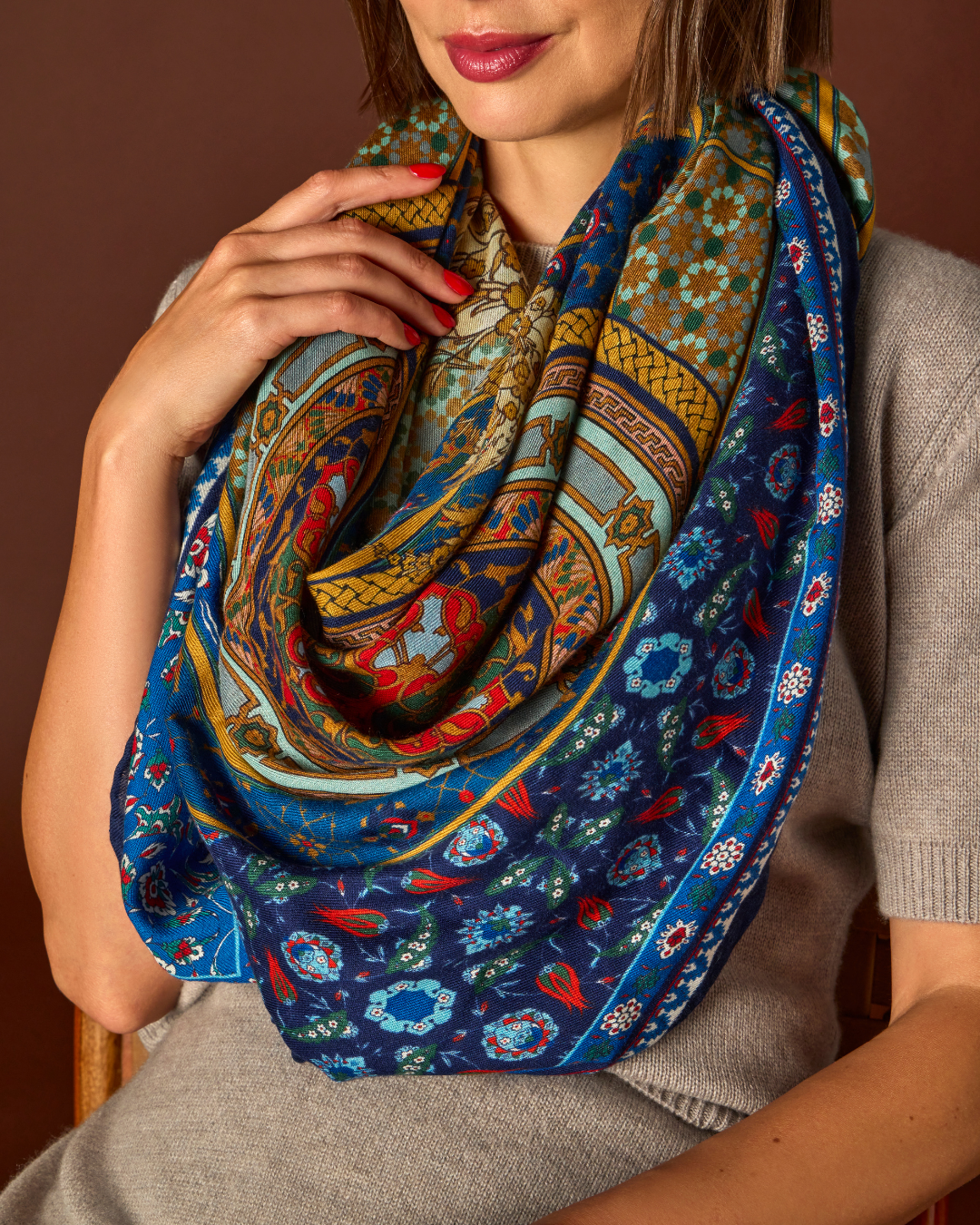 Mosaic Garden Scarf 140 in Sapphire Floral Cashmere Silk