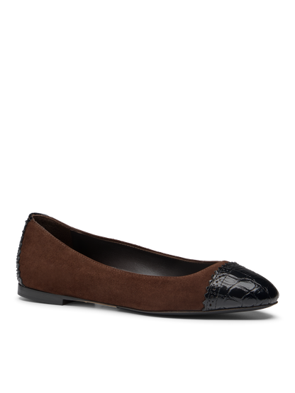 Sarah Flint X Mary Orton Cap Toe Flat in Deep Espresso Suede