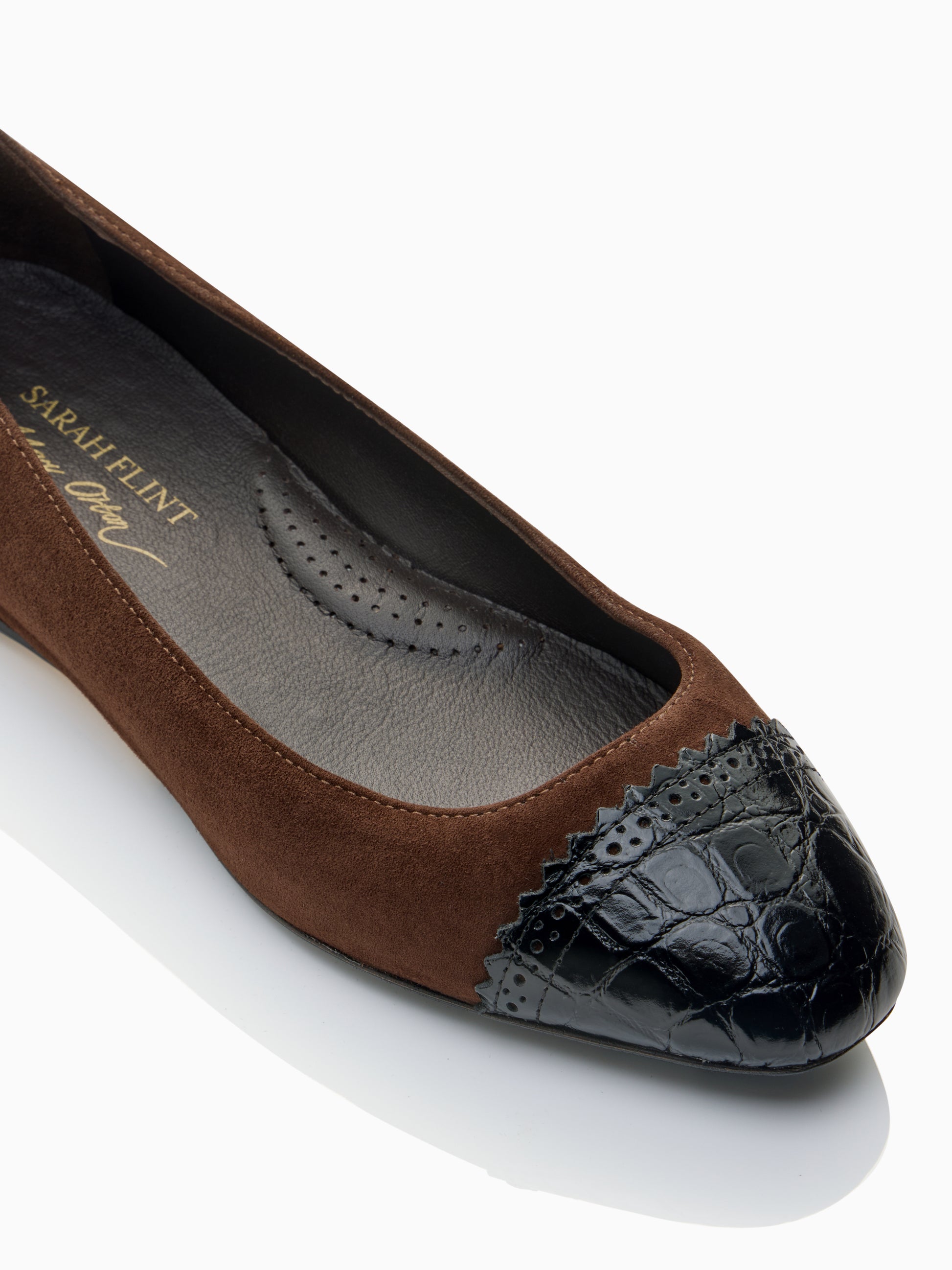 Sarah Flint X Mary Orton Cap Toe Flat in Deep Espresso Suede