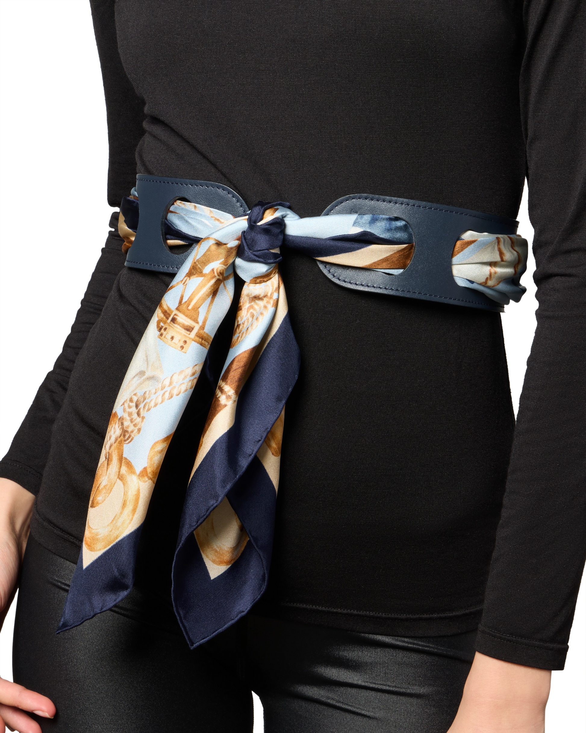 Reversible Scarf Waist Belt in Navy And Red Calf