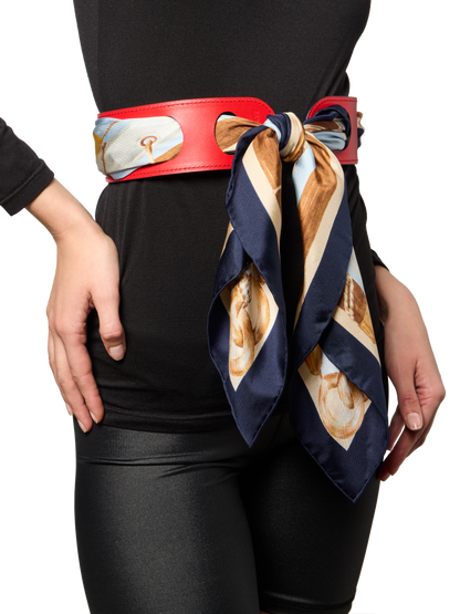Reversible Scarf Waist Belt in Navy And Red Calf