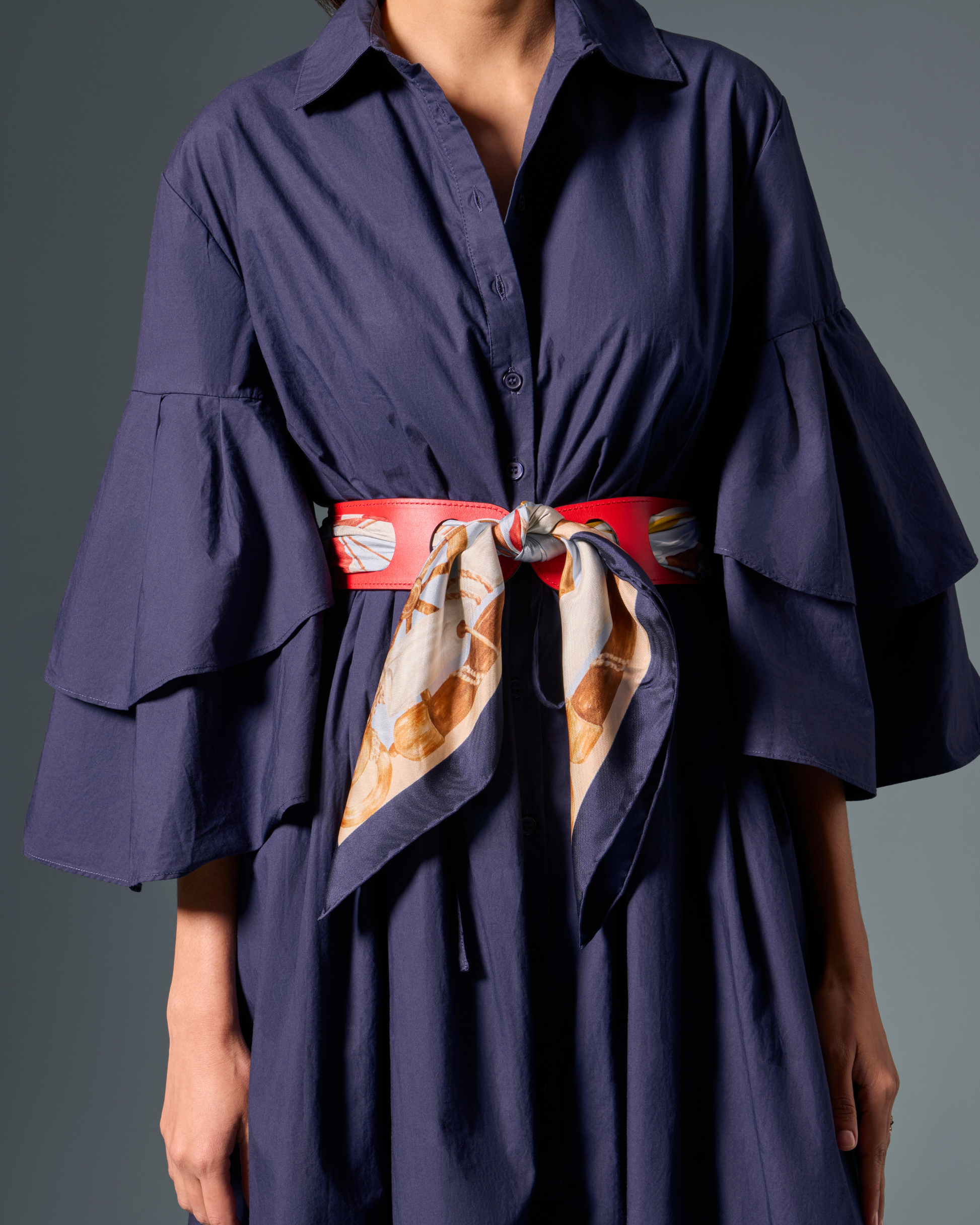 Reversible Scarf Waist Belt in Navy And Red Calf
