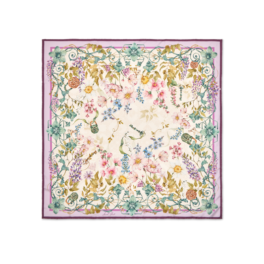 Secret Garden Scarf 90 in White Floral Silk