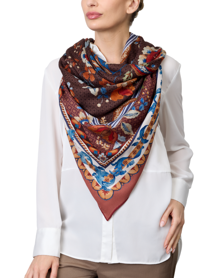 The Dashwood Floral Scarf 140 in Chocolate Cashmere-Silk