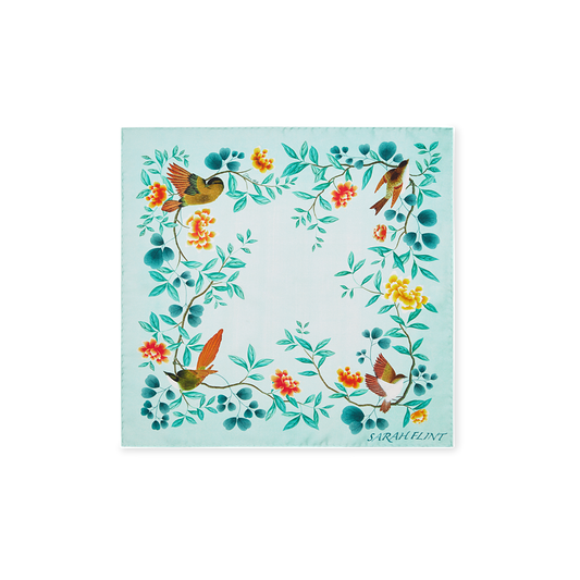Hand Painted Italian Made Birdsong Scarf 45 in Teal Silk