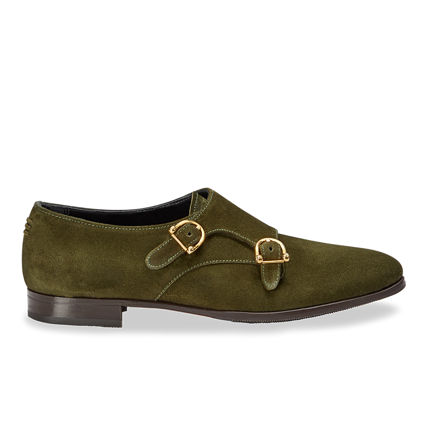 15mm Italian Made Almond Toe Double-monk strap Loafer Flat in Olive Crosta