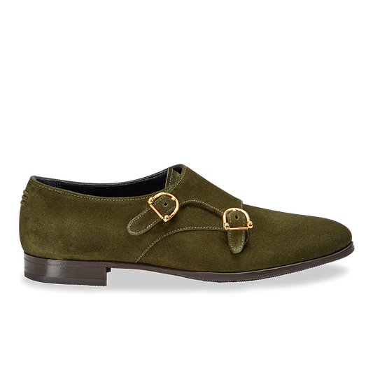 15mm Italian Made Almond Toe Double-monk strap Loafer Flat in Olive Crosta