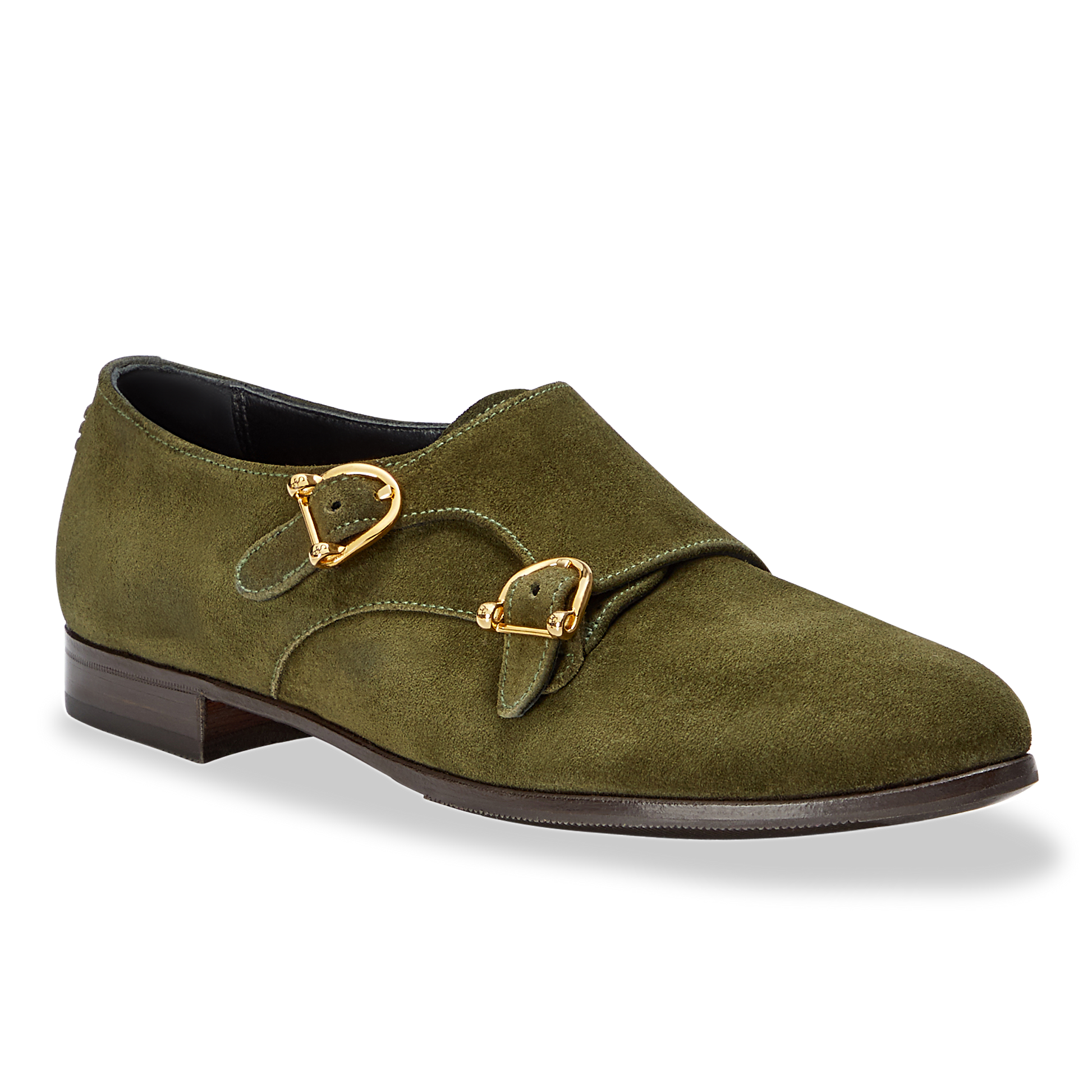 15mm Italian Made Almond Toe Double-monk strap Loafer Flat in Olive Crosta