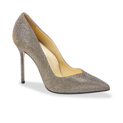 100m Italian Made Pointed Toe Pump in Gunmetal Lame Fabric