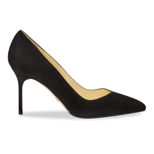 85mm Italian Made Pointed Toe Pump in Black Suede