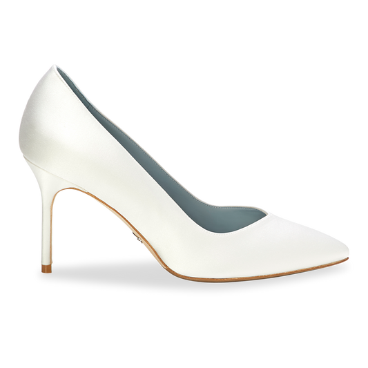 85mm Italian Made Pointed Toe Pump in Wedding White Satin
