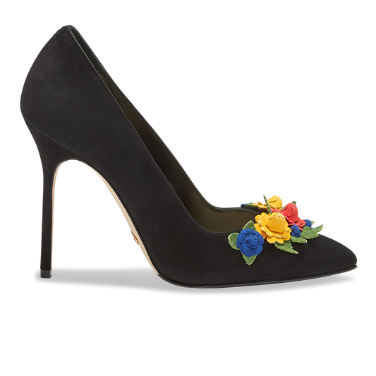 100m Italian Made Pointed Toe Pump in Black Suede Still Life