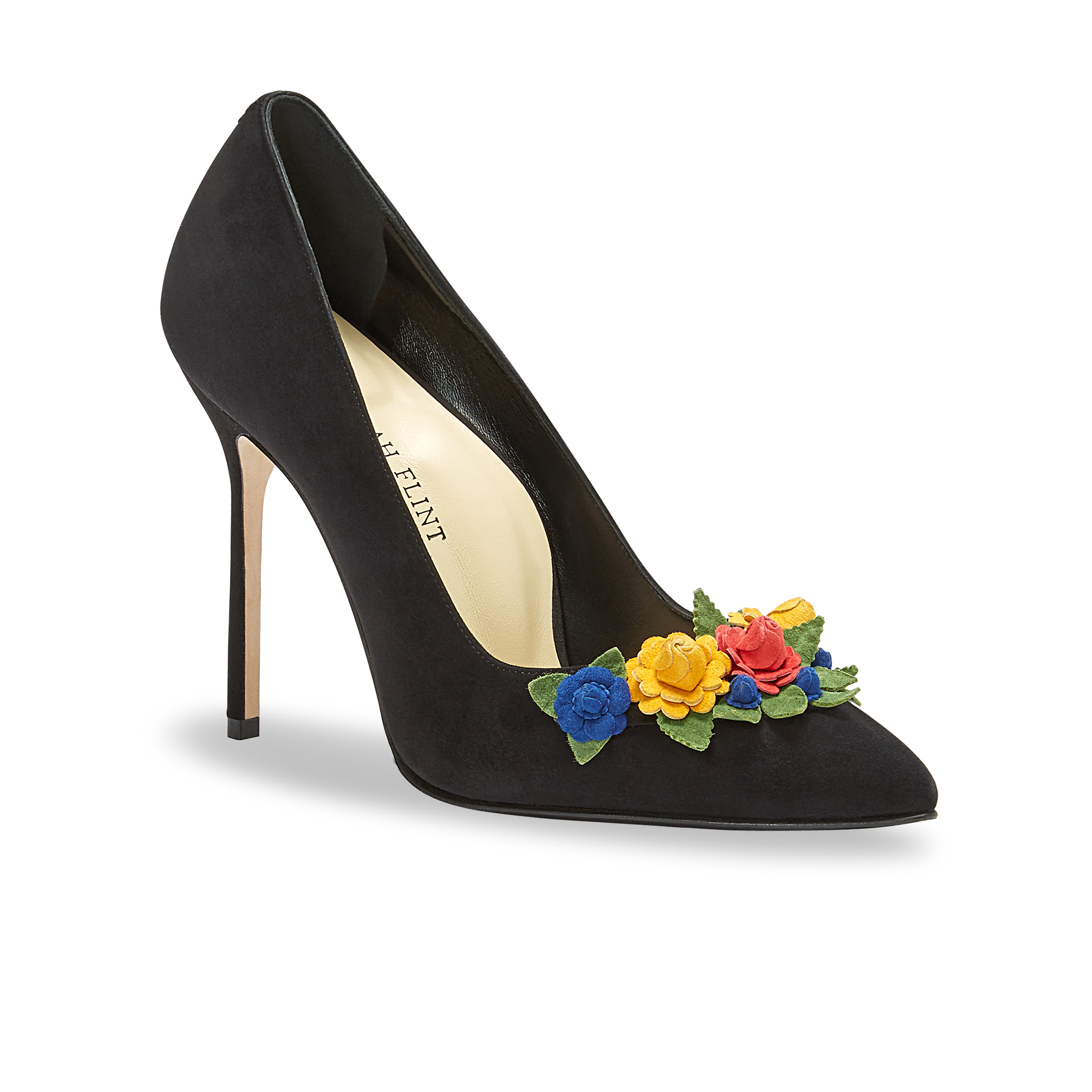 100m Italian Made Pointed Toe Pump in Black Suede Still Life