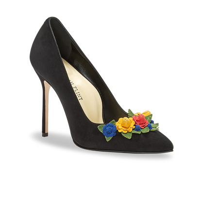 100m Italian Made Pointed Toe Pump in Black Suede Still Life
