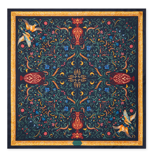 A 90mm silk scarf in a hand-painted print, inspired by the ornate ceiling of the Vienna State Opera.